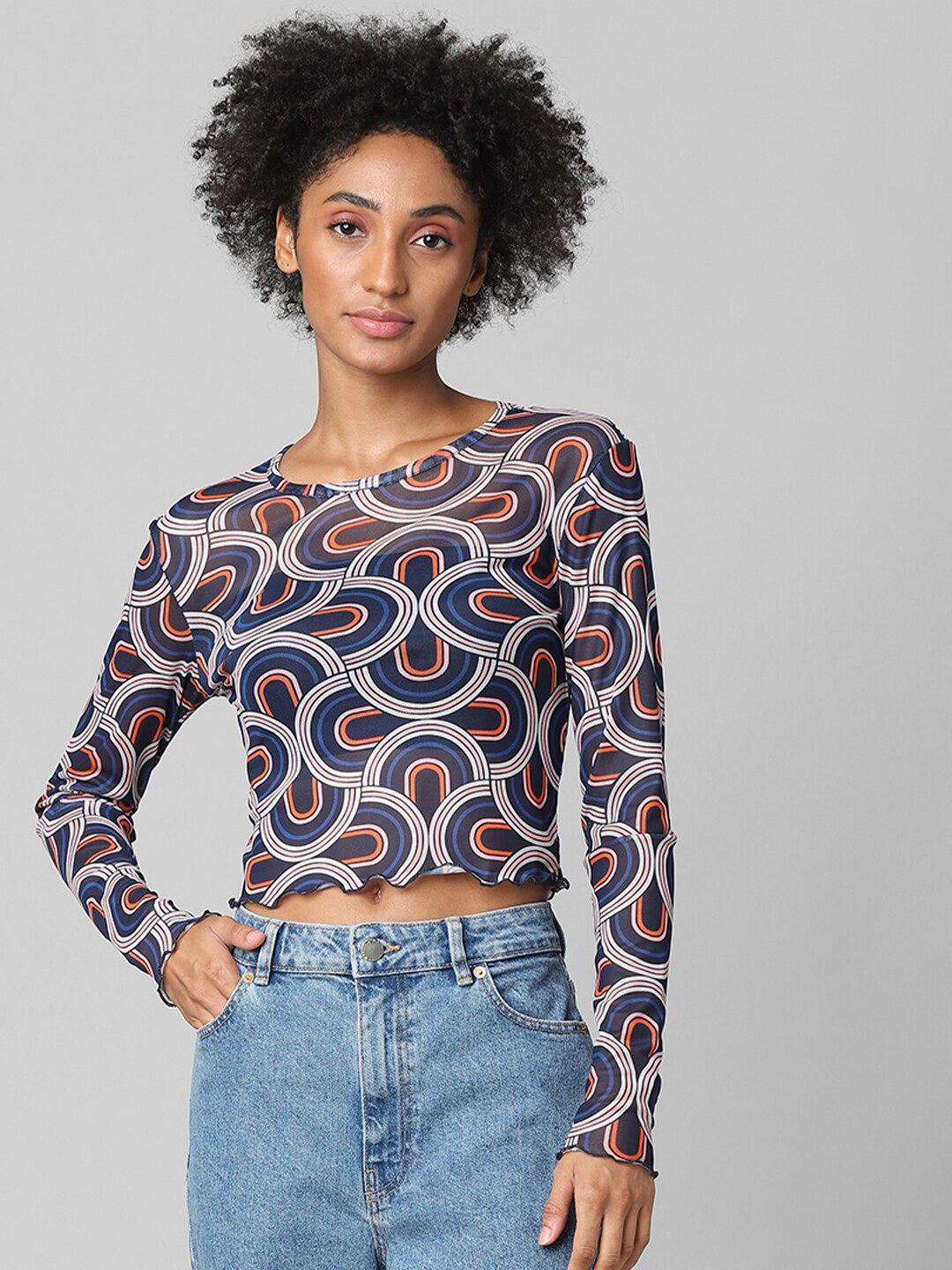ONLY Blue Printed Knitted Crop Top Price in India