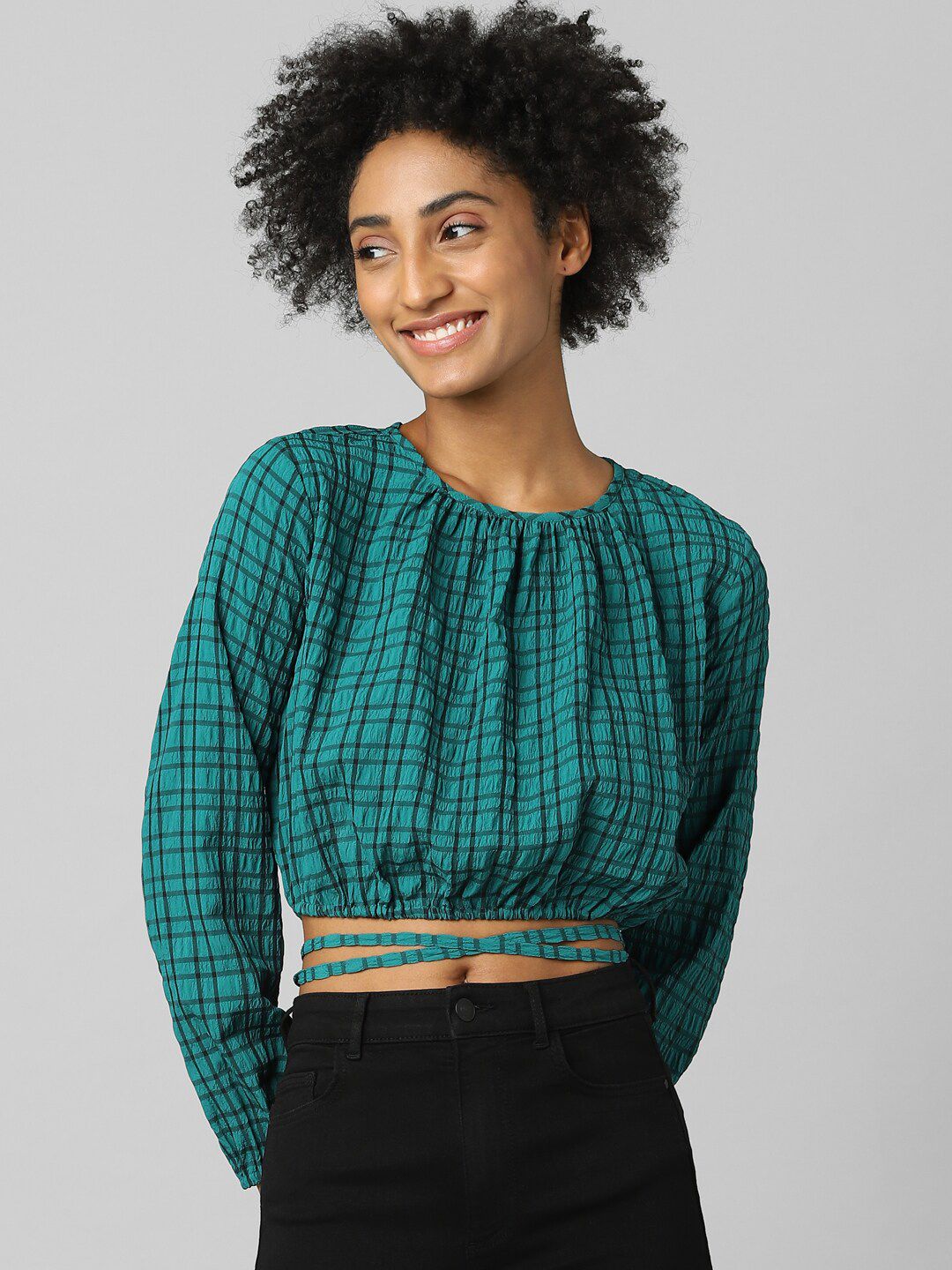 ONLY Blue & chinese black Checked Blouson Crop Top Price in India