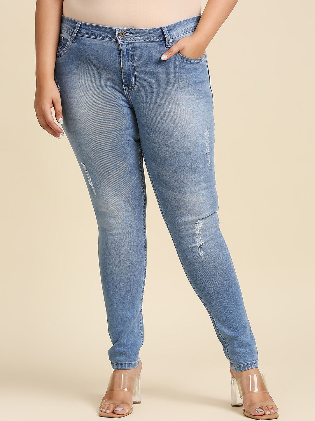 High Star Women Plus Size Blue Slim Fit Low Distress Heavy Fade Stretchable Jeans Price in India
