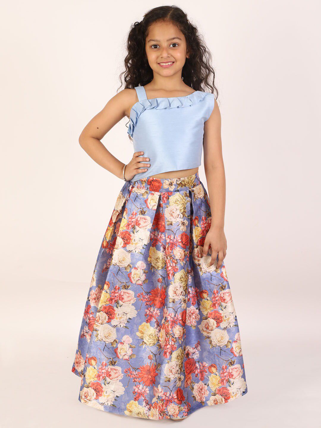 JBN Creation Girls Blue & Orange Embellished Ready to Wear Lehenga &