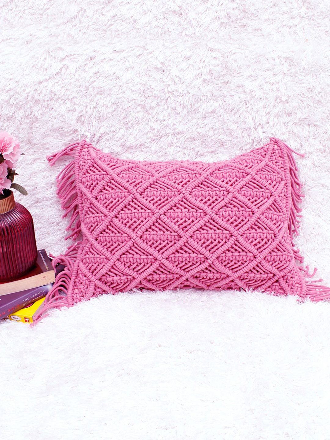 AVI Living Pink Rectangle Macrame Cushion Cover Price in India