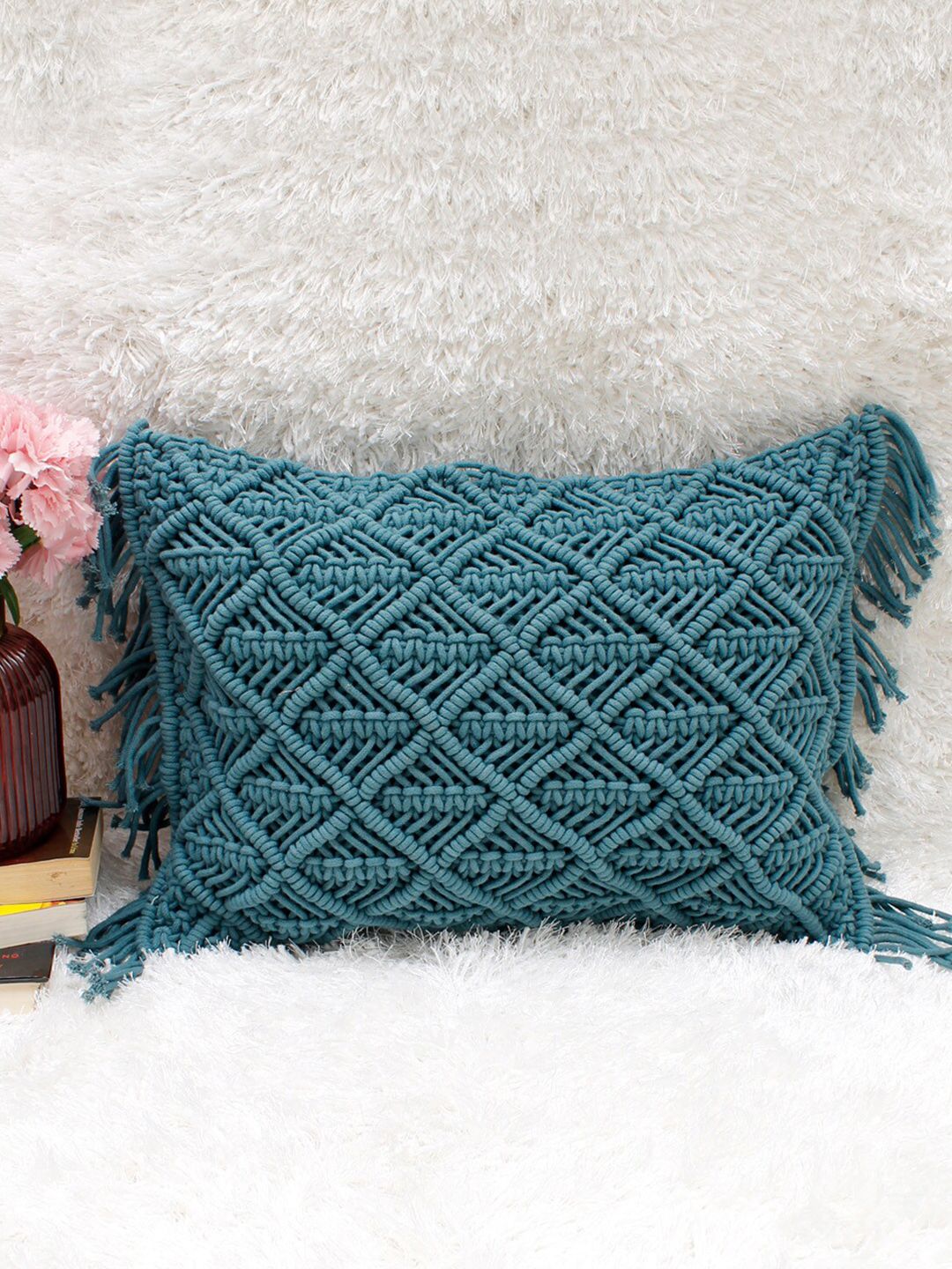 AVI Living Teal Macrame Fringed Rectangle Cushion Covers Price in India