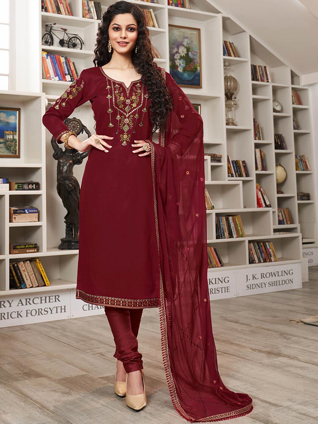 Shaily Maroon Embroidered Pure Cotton Unstitched Dress Material Price in India