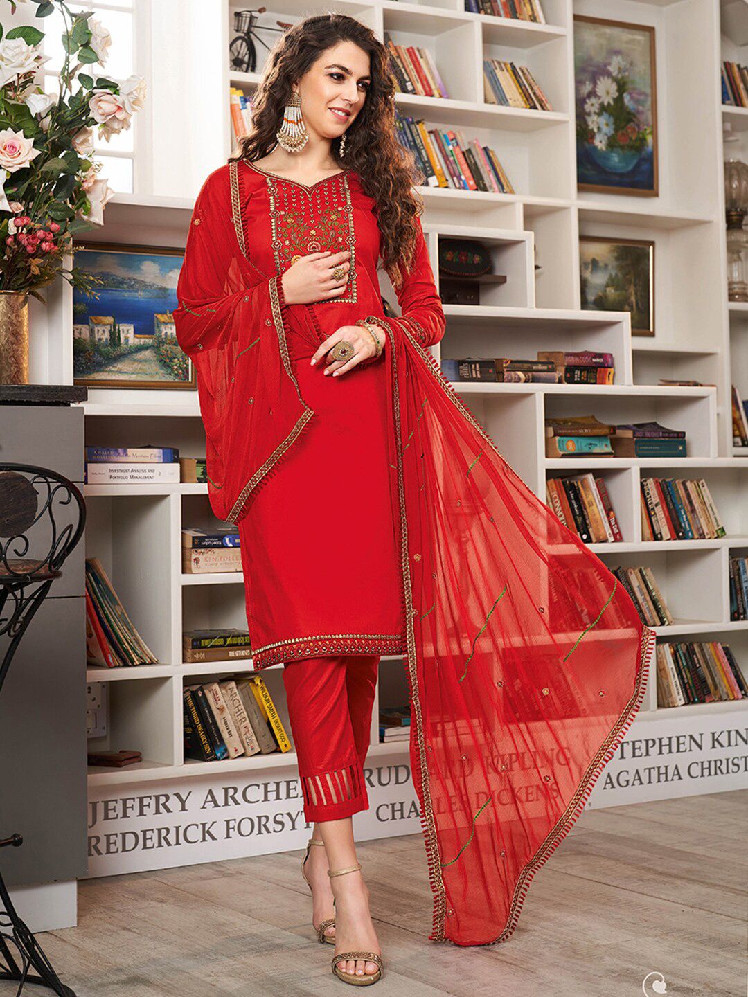 Shaily Red Embroidered Pure Cotton Unstitched Dress Material Price in India