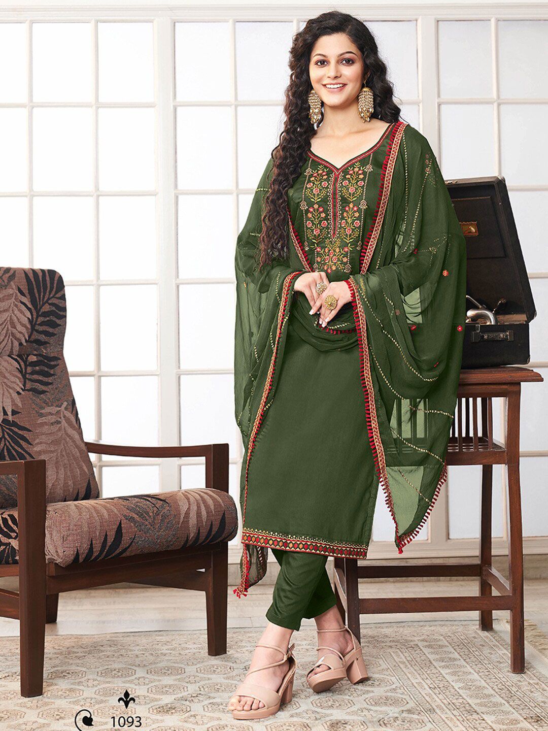 Shaily Green & Pink Embroidered Pure Cotton Unstitched Dress Material Price in India
