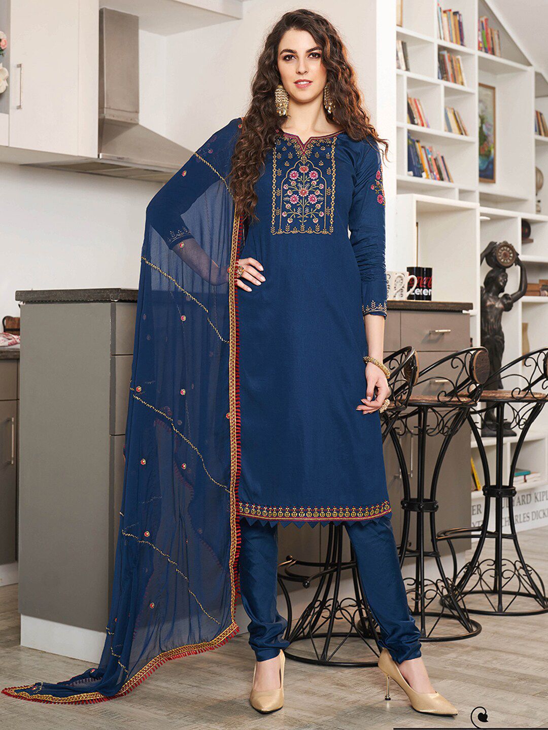 Shaily Navy Blue & Pink Embroidered Pure Cotton Unstitched Dress Material Price in India