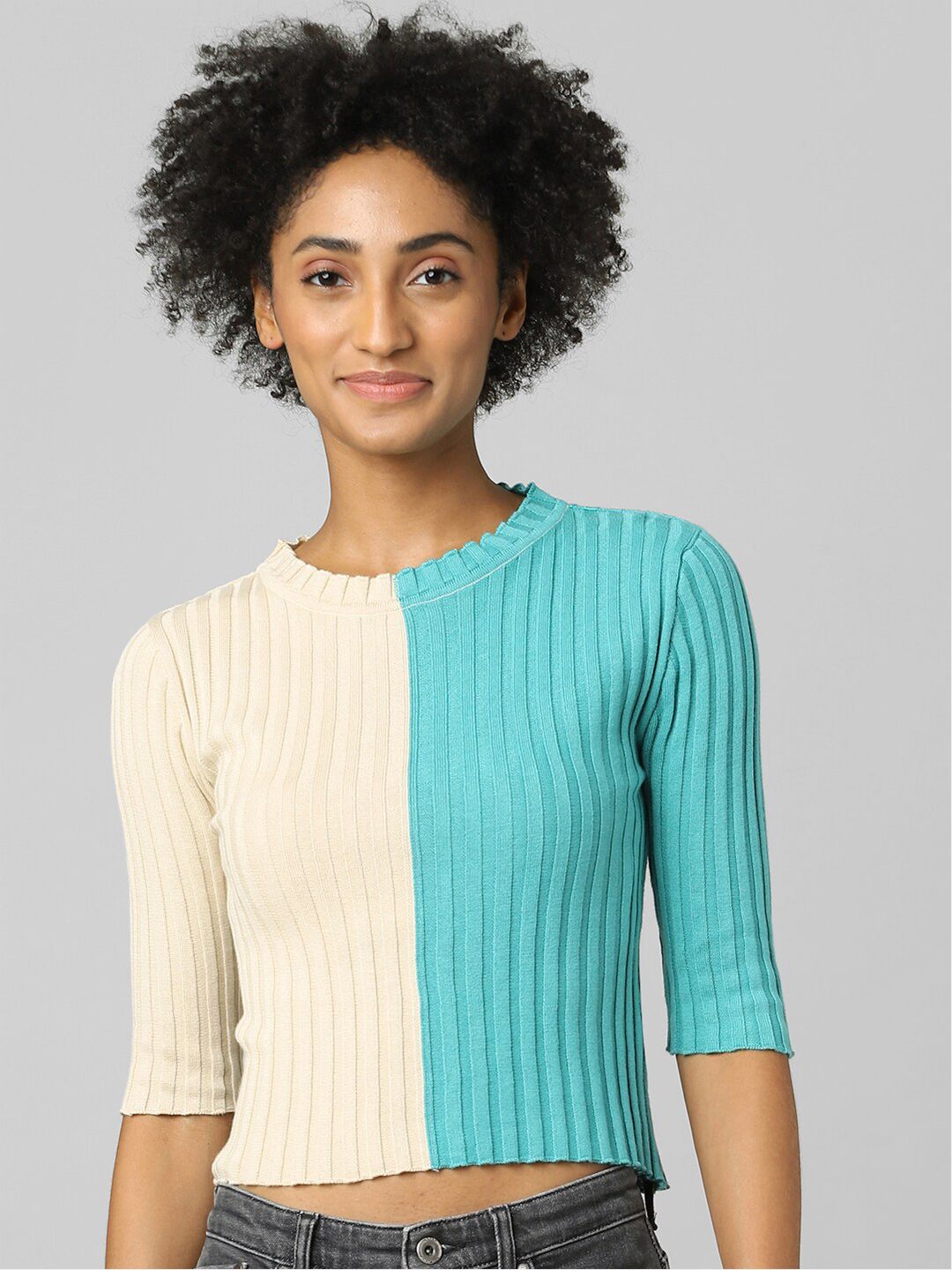 ONLY Women Alpine Green & White Colourblocked Pullover Price in India