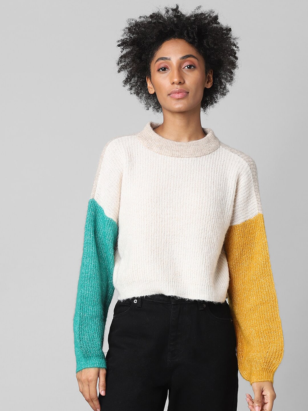 ONLY Women White & Yellow Colourblocked Pullover Price in India