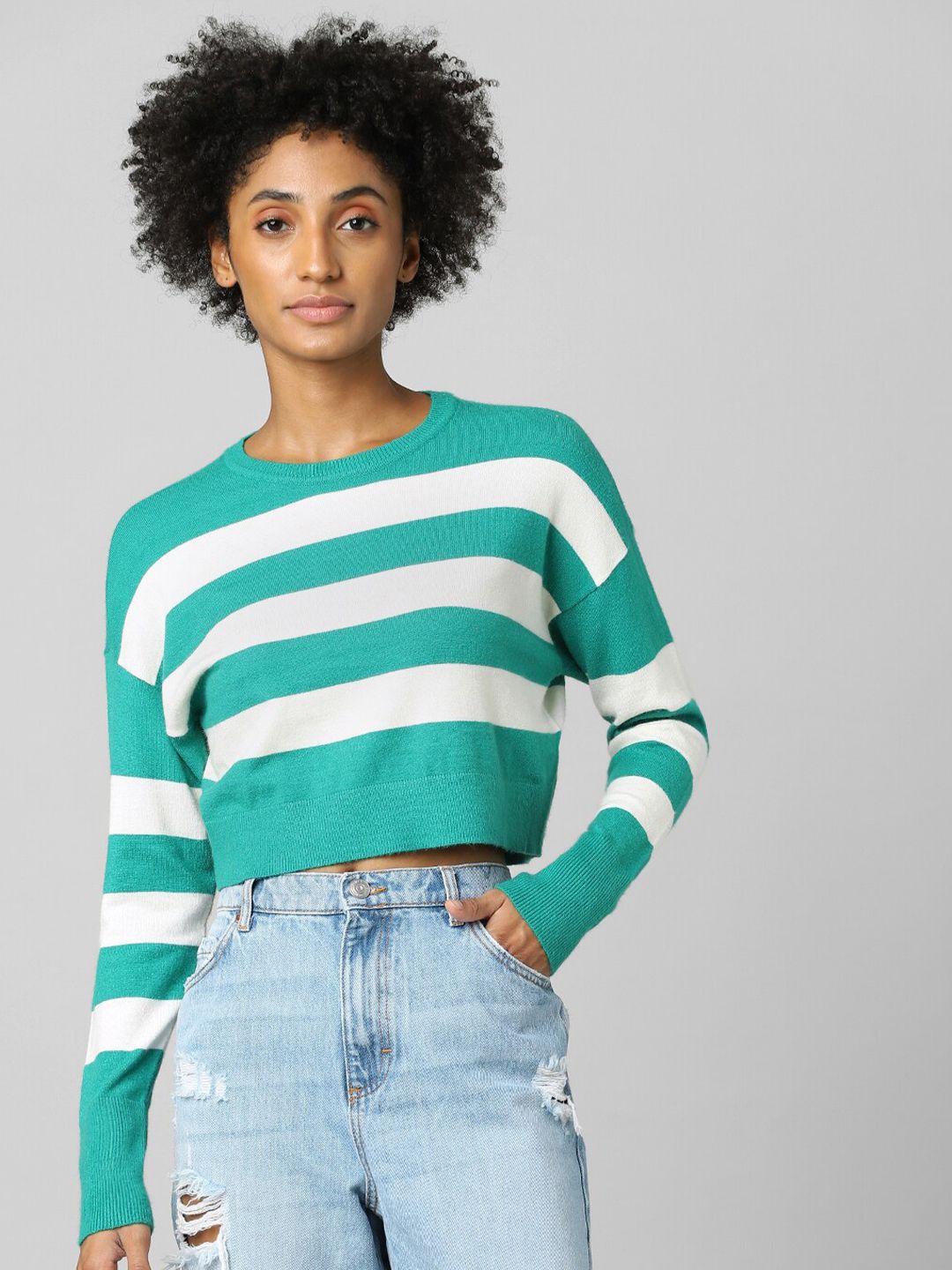 ONLY Women Green & White Striped Crop Pullover Price in India