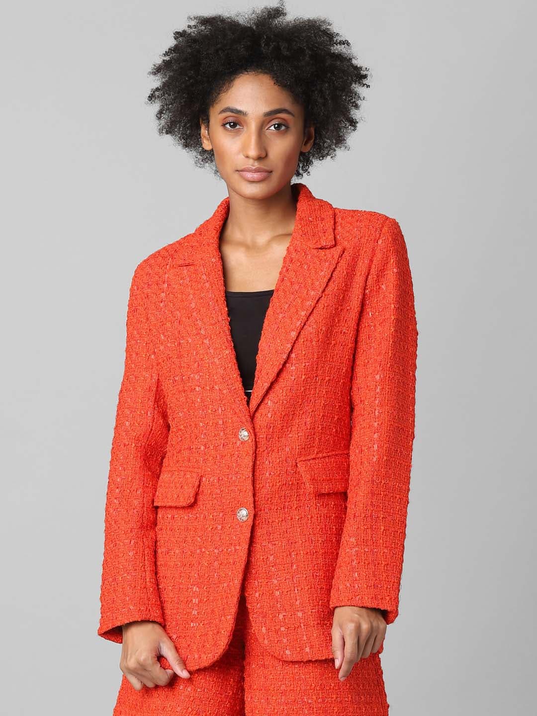 ONLY Women Red Self-Design Tweed Single-Breasted Blazer Price in India