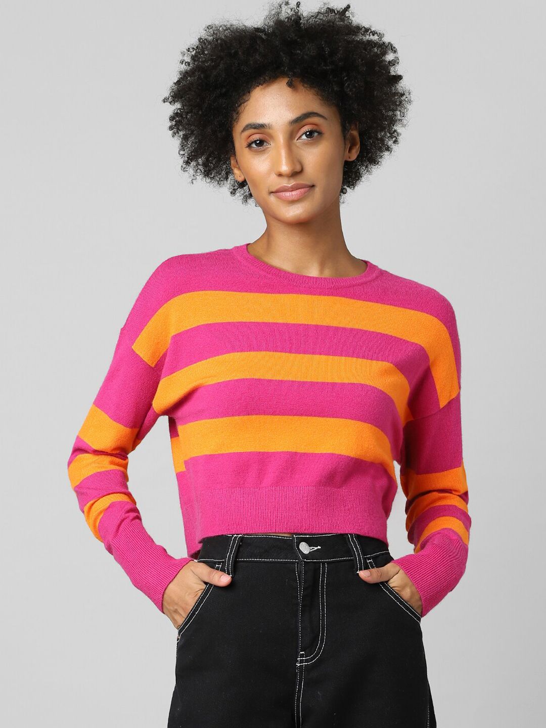 ONLY Women Pink & Yellow Striped Crop Pullover Price in India