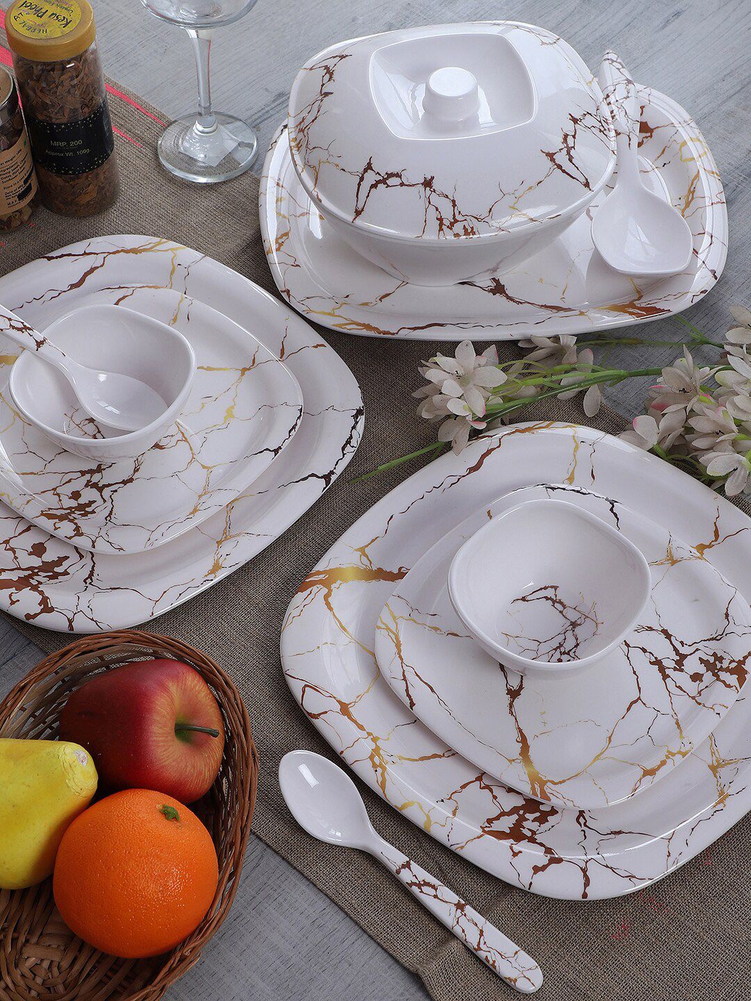 CDI White & Brown Pieces Printed Melamine Glossy Dinner Set Price in India