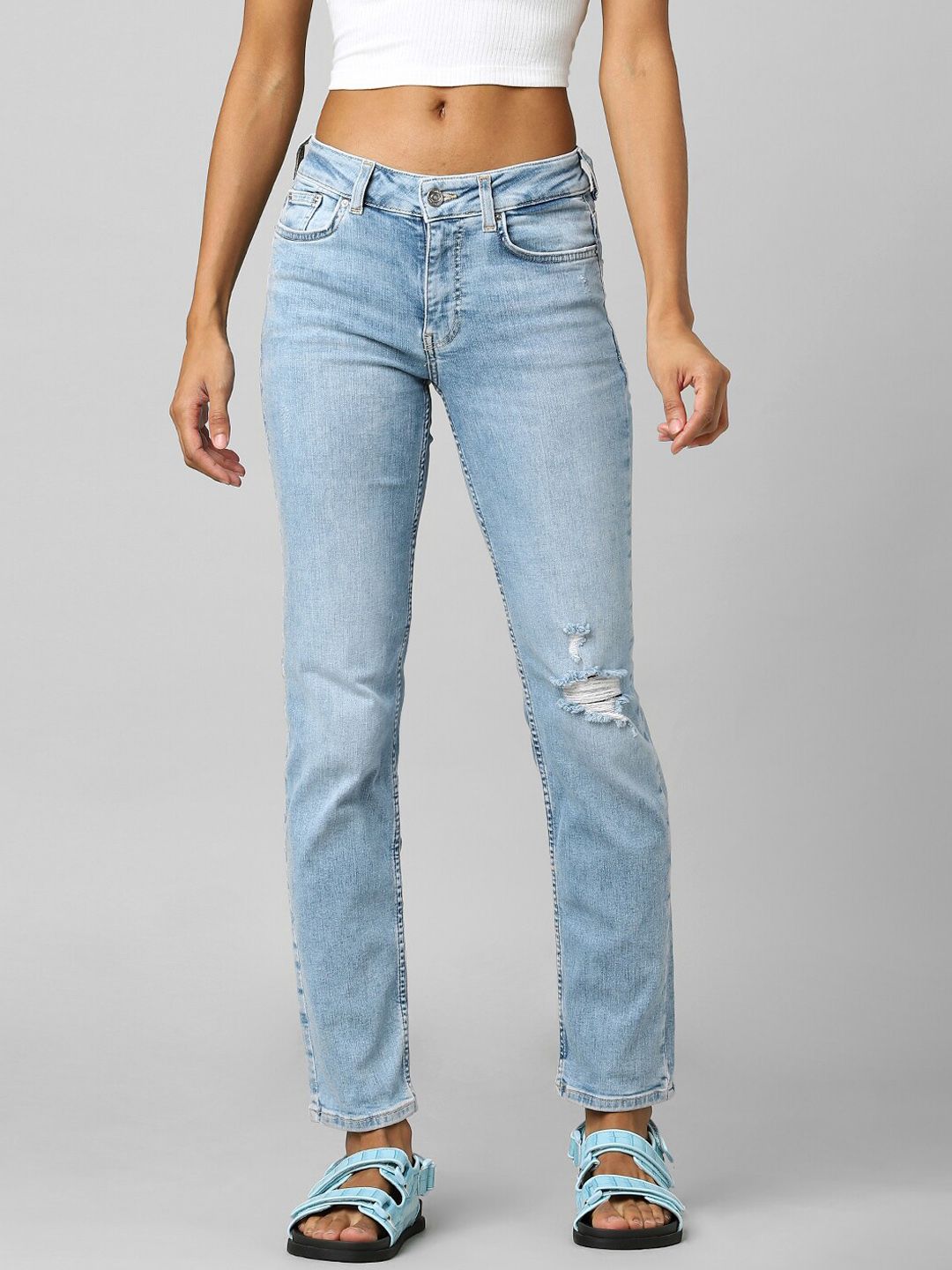 ONLY Women Light Blue High-Rise Mildly Distressed Heavy Fade Jeans Price in India