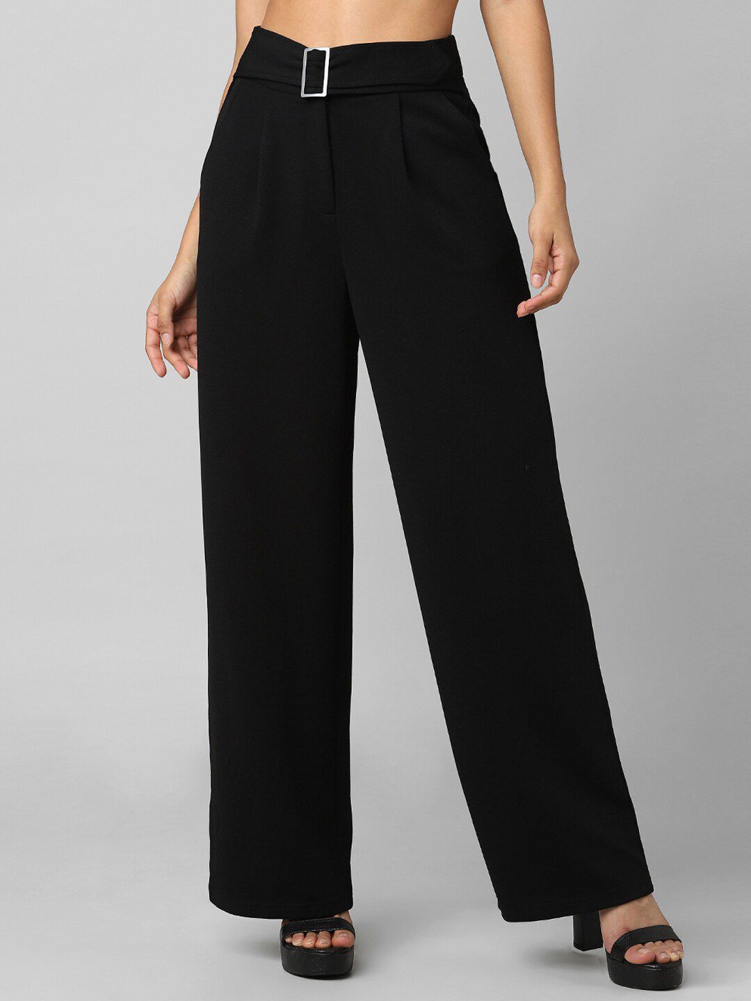 ONLY Women Black Flared High-Rise Pleated Trousers Price in India