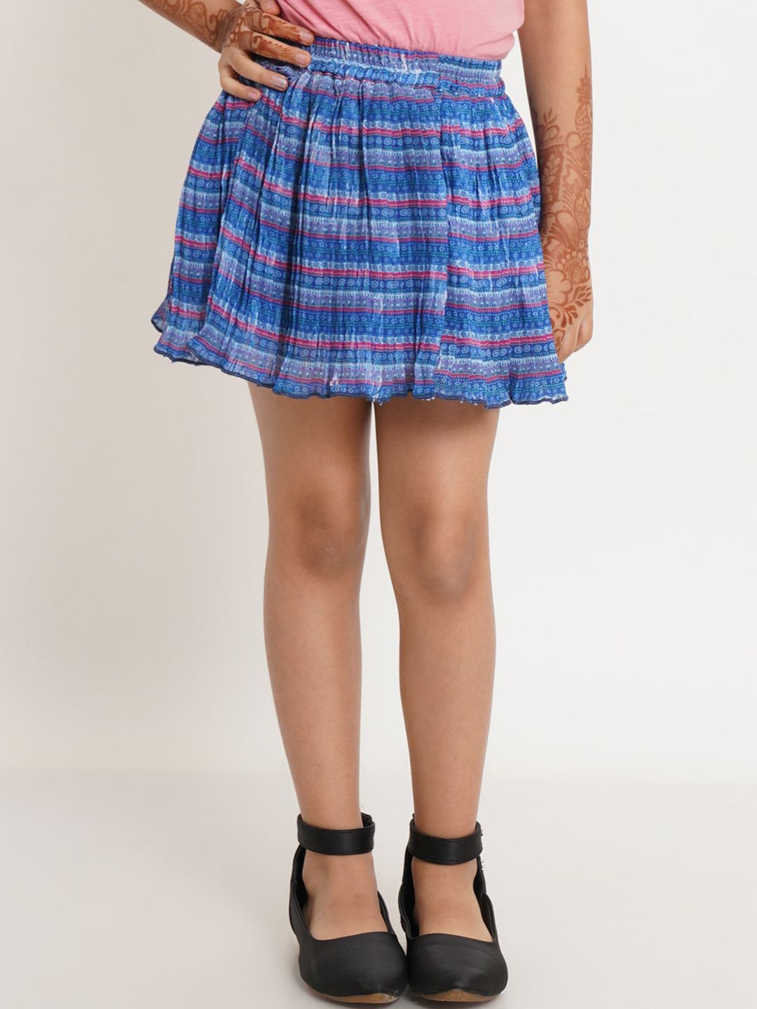 Creative Kids Girls Blue & Pink Printed Mini-Length Pleated Skirts