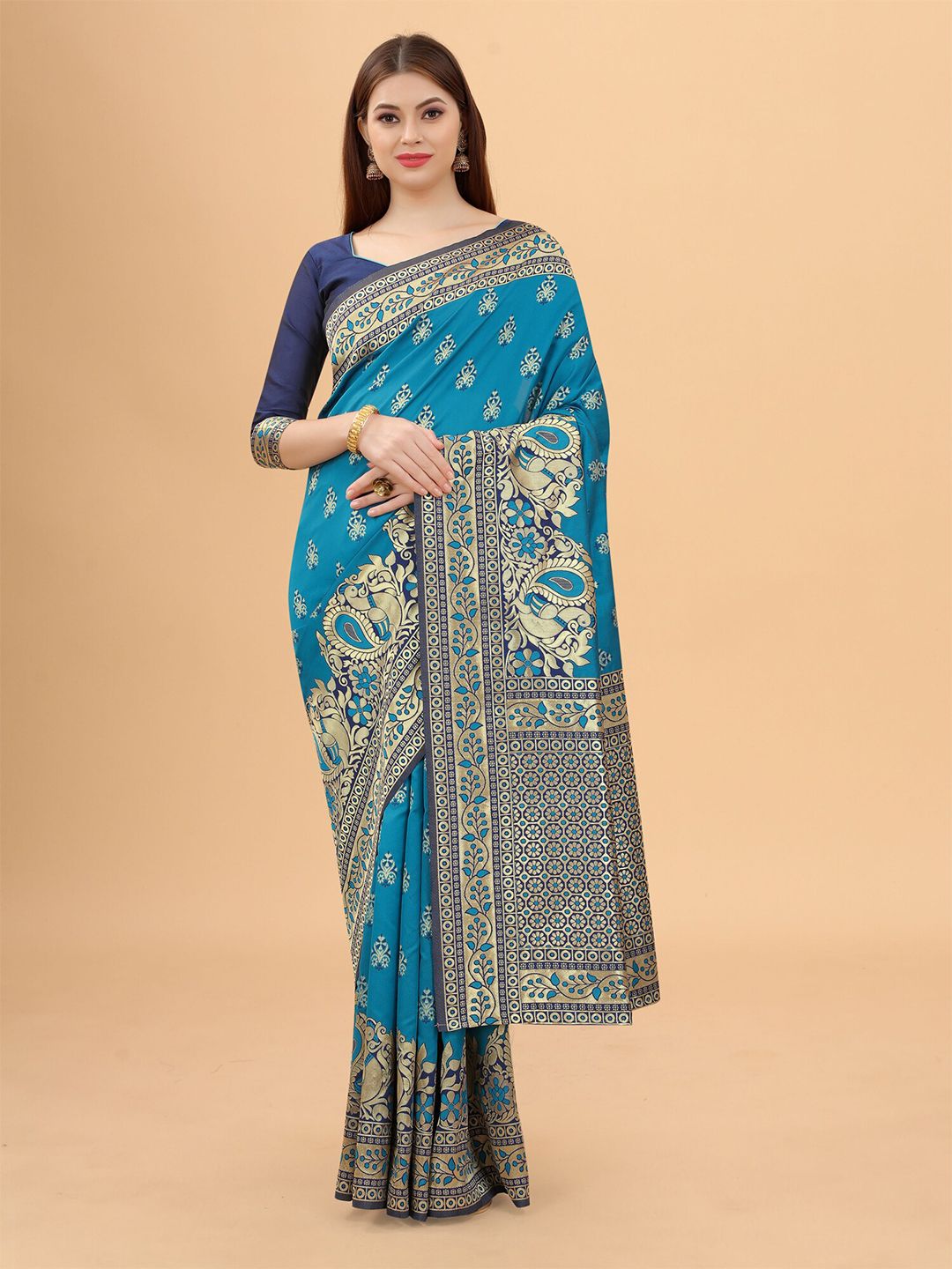 INDI AVTAAR Women Blue & Gold-Toned Woven Design Zari Silk Cotton Banarasi Saree Price in India