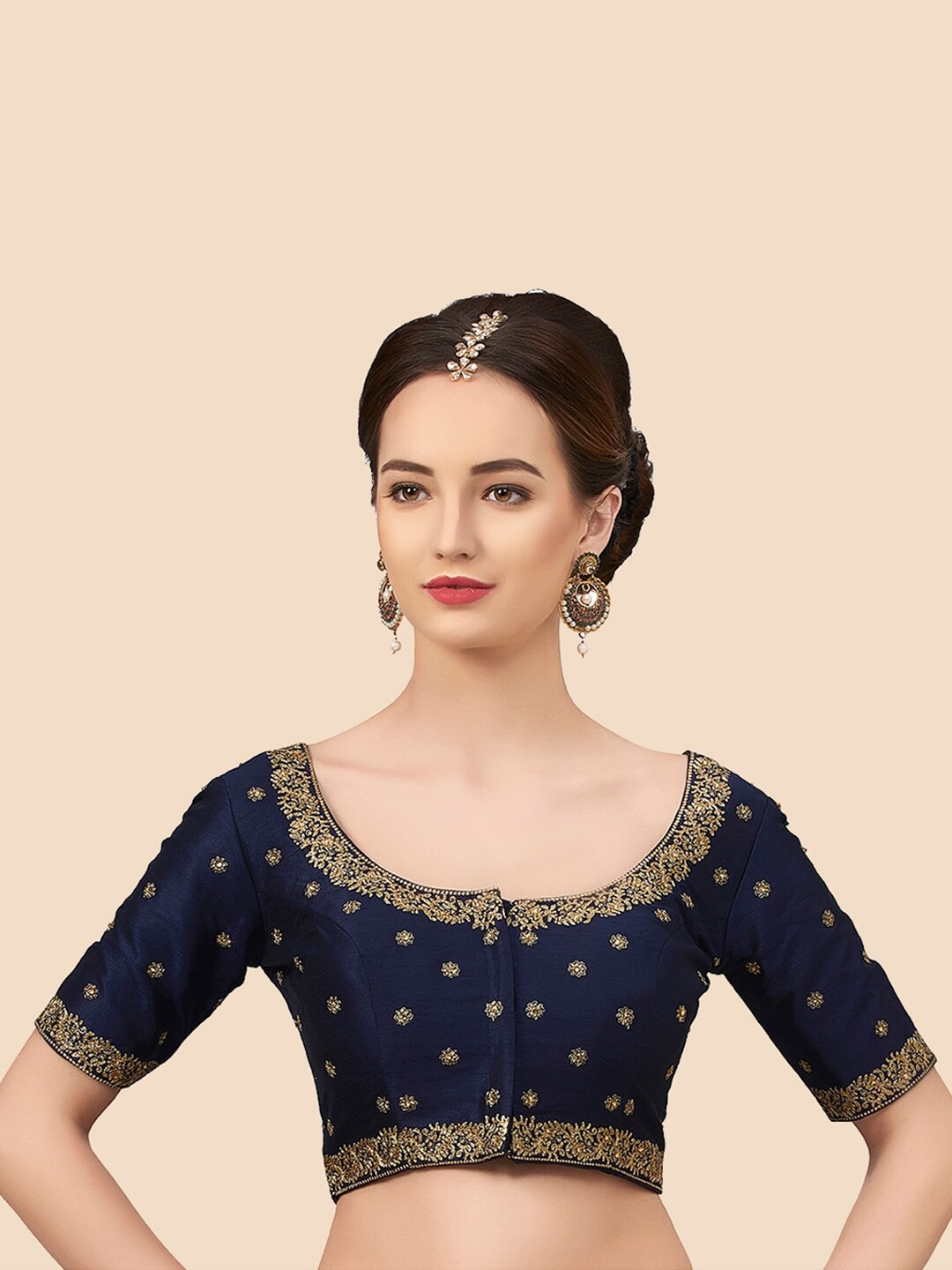 neckbook Women Navy-Blue & Golden Embroidered Padded Saree Blouse Price in India