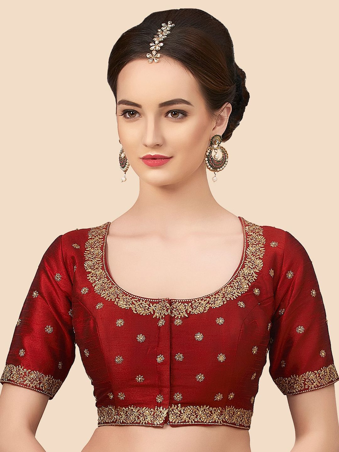 neckbook Women Maroon Embroidered Princess Cut Saree Blouse Price in India