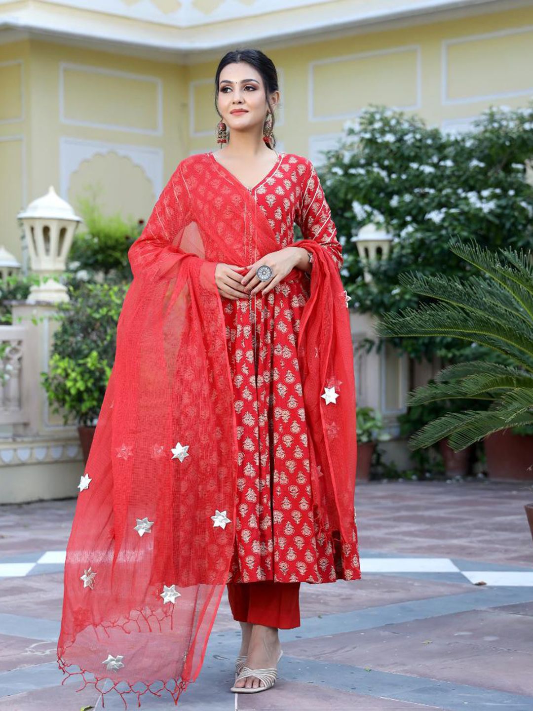 Baisacrafts Women Red Ethnic Motifs Printed Pleated Pure Cotton Kurta with Churidar & With Dupatta