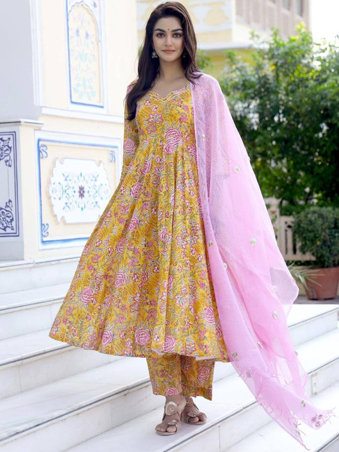 Baisacrafts Women Yellow Ethnic Motifs Empire Pure Cotton Kurta with Patiala & With Dupatta Price in India