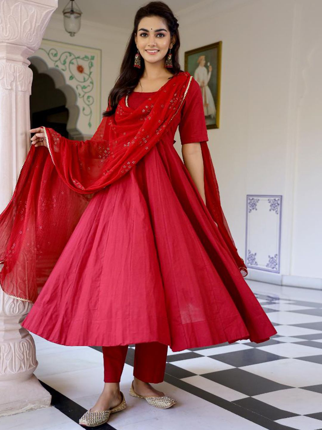 Baisacrafts Women Red Embroidered Pleated Pure Cotton Kurta with Churidar & Dupatta Price in India