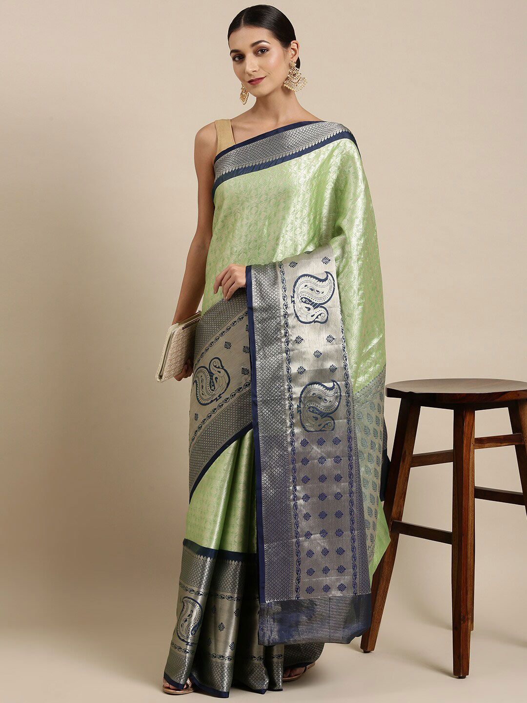 The Chennai Silks Women Green & Blue Woven Design Zari Organza Fusion Banarasi Saree