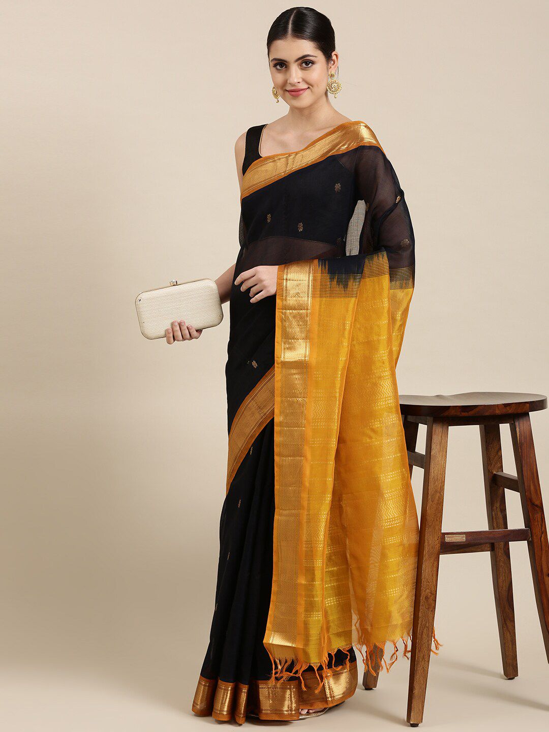 The Chennai Silks Black & Yellow Woven Design Zari Silk Cotton Saree