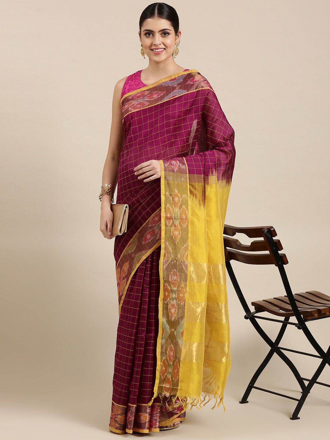 The Chennai Silks Violet & Yellow Checked Zari Silk Cotton Saree Price in India