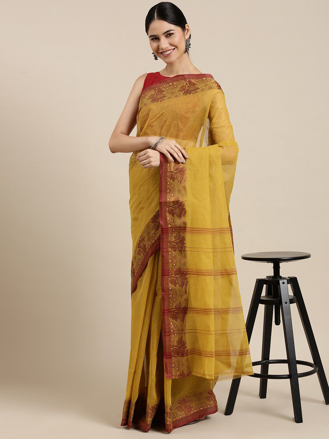The Chennai Silks Mustard & Brown Pure Cotton Fusion Taant Saree