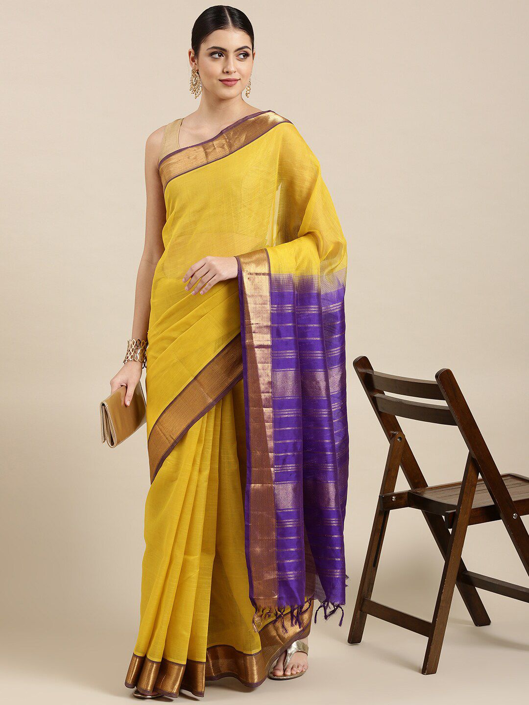 The Chennai Silks Yellow & Blue Zari Silk Cotton Saree Price in India
