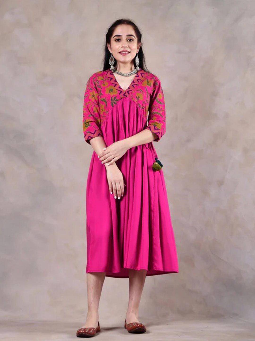 Rustorange Women Pink Floral Rayon A-Line Midi Dress Price in India