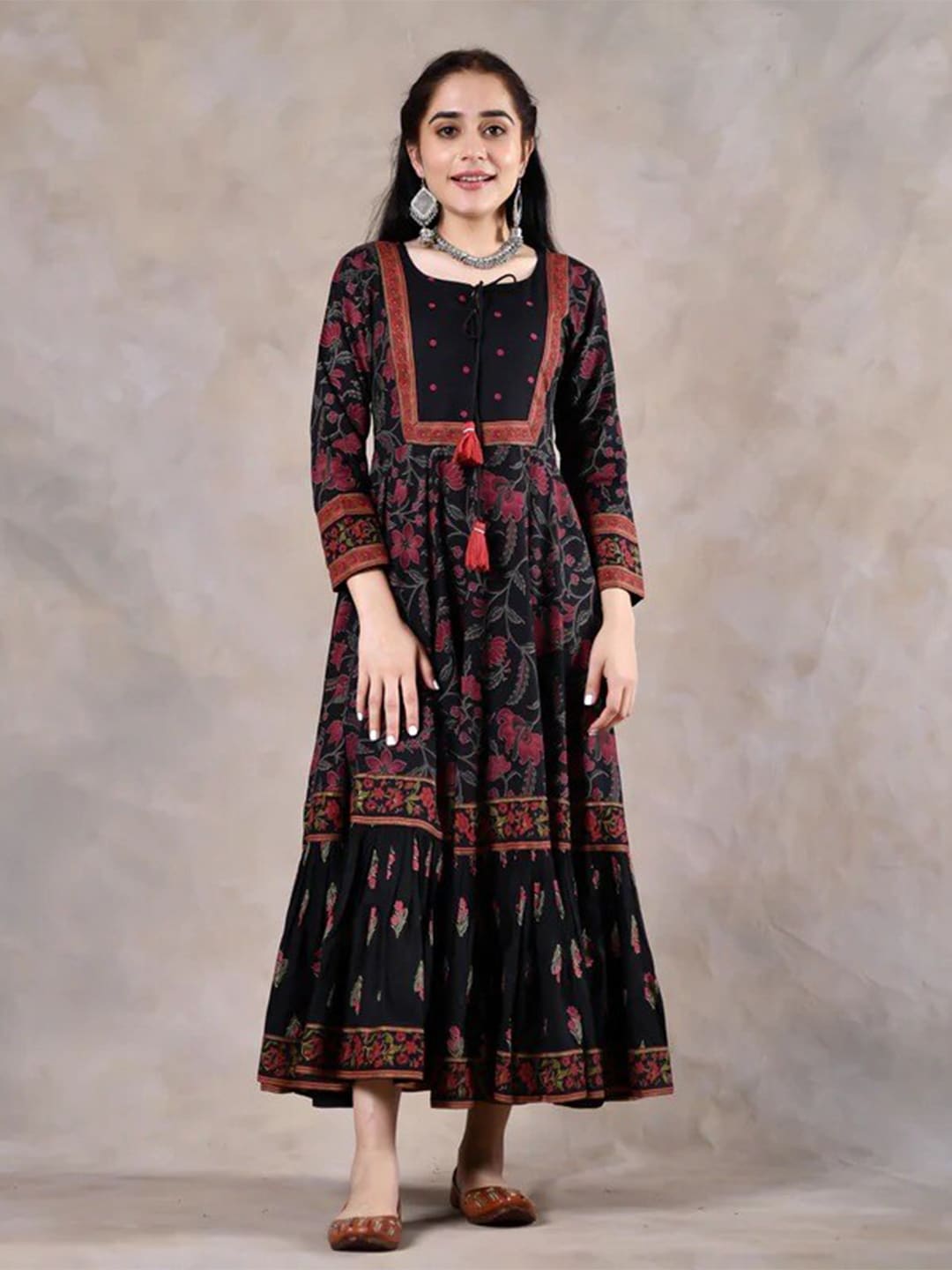 Rustorange Black & Red Ethnic Motifs Tie-Up Neck Rayon Maxi Dress Price in India