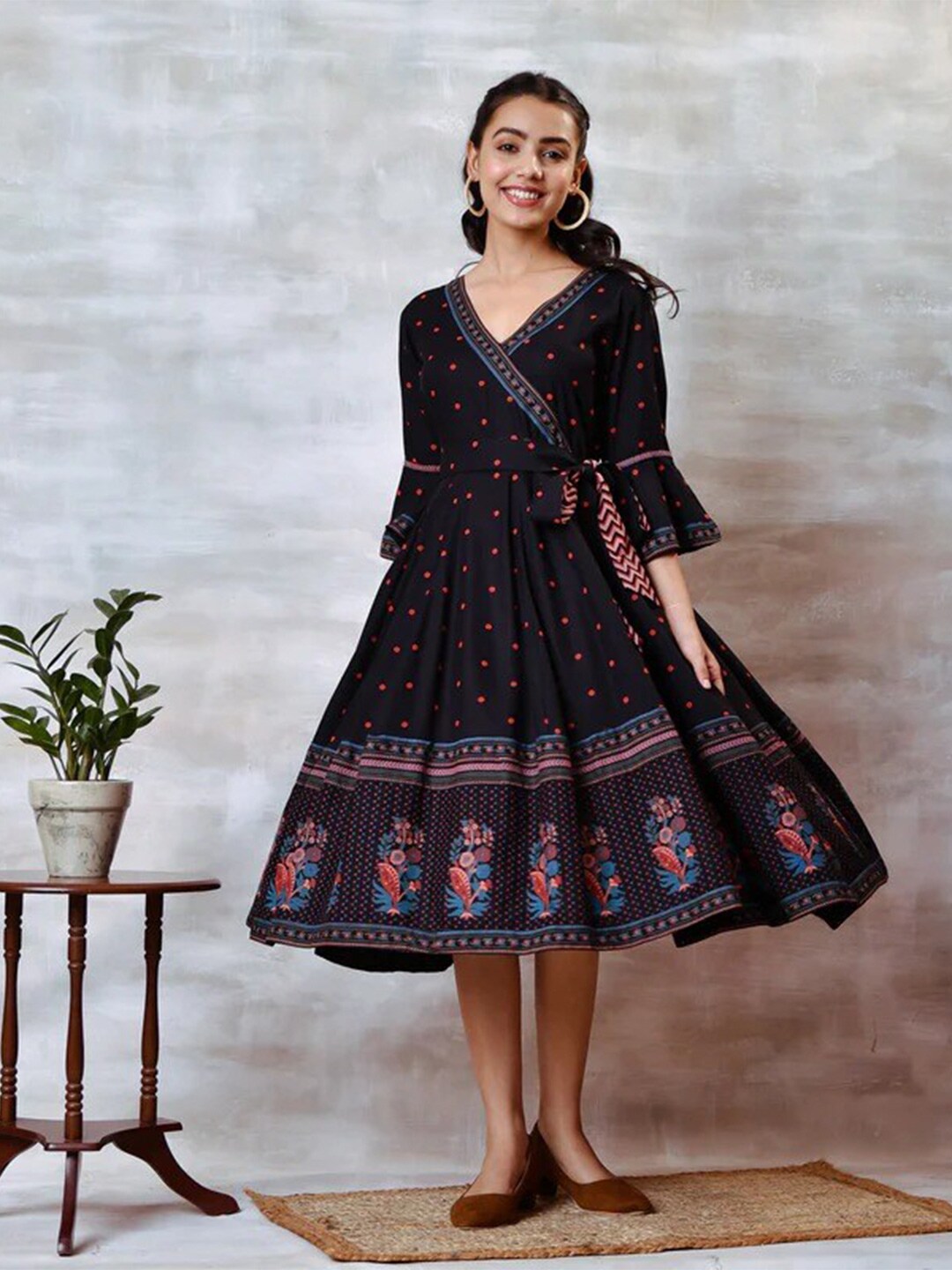 Rustorange Black Angrakha flared dress with knot details Price in India