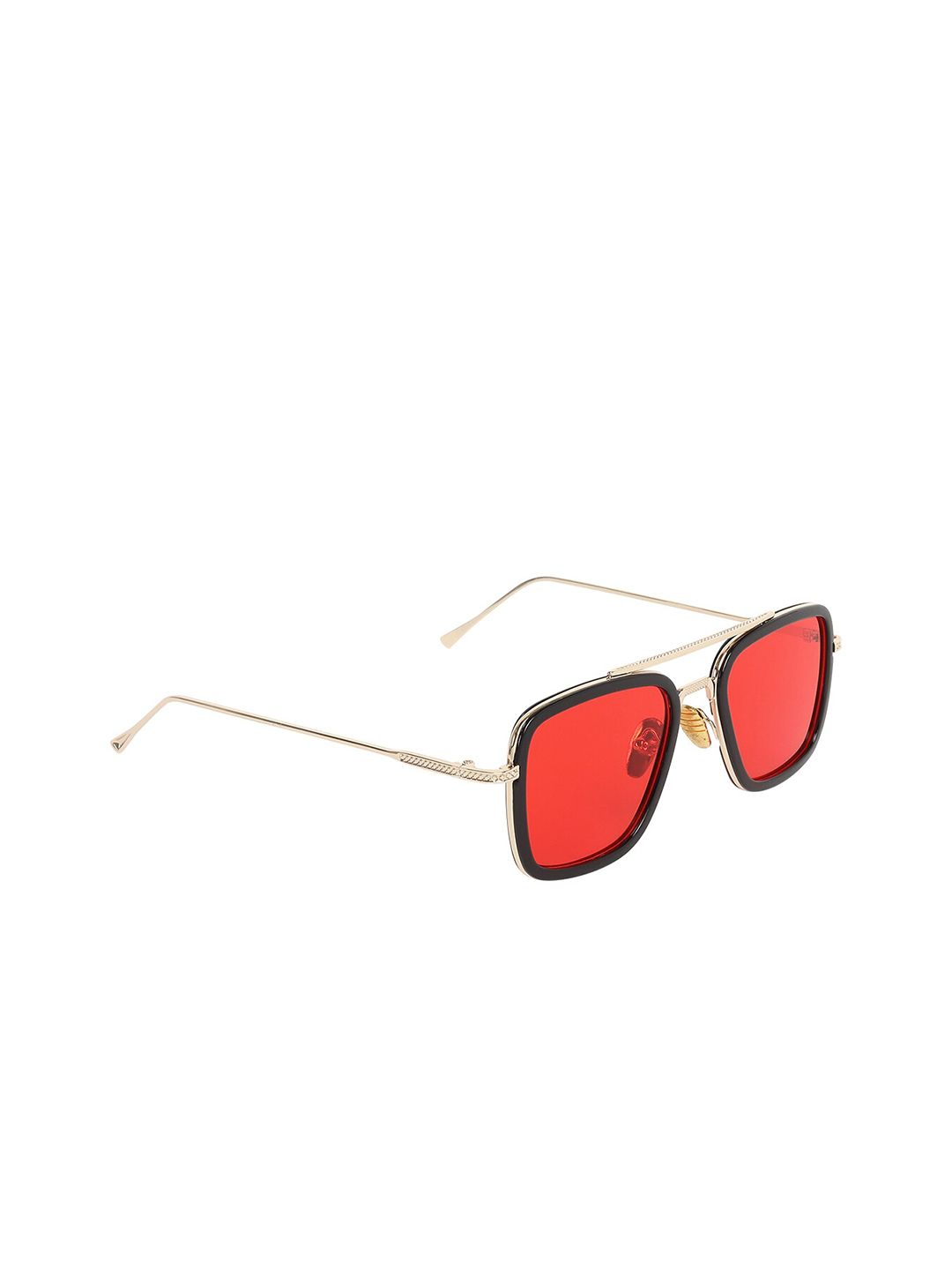 GARTH Unisex Red Lens & Gold-Toned Rectangle Sunglasses with UV Protected Lens