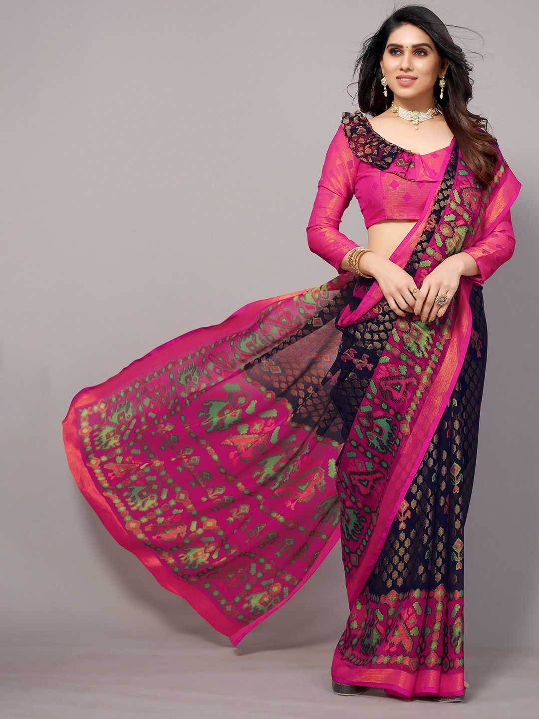 Winza Designer Navy Blue & Pink Kalamkari Zari Pure Chiffon Pochampally Saree