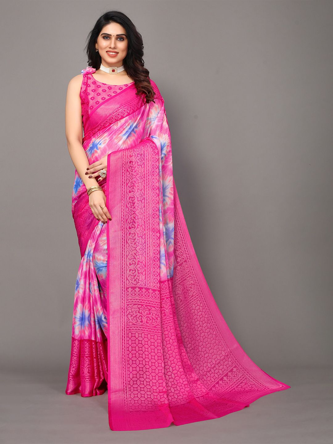 Winza Designer Pink & Blue Tie and Dye Zari Pure Chiffon Bandhani Saree