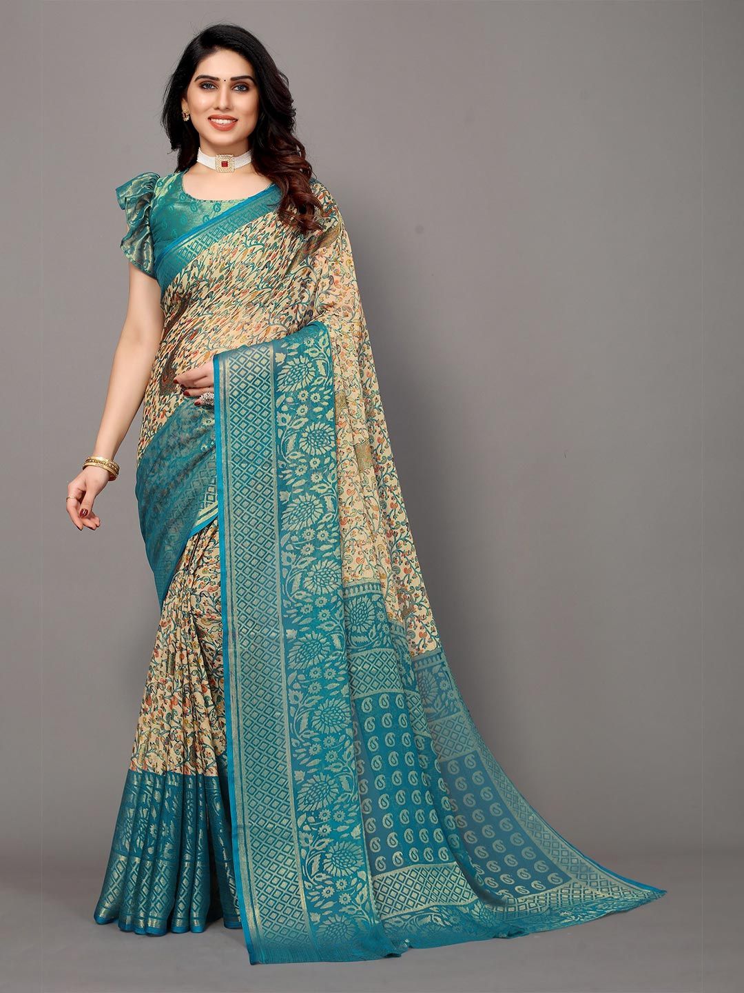 Winza Designer Teal & Beige Floral Zari Pure Chiffon Fusion Banarasi Saree
