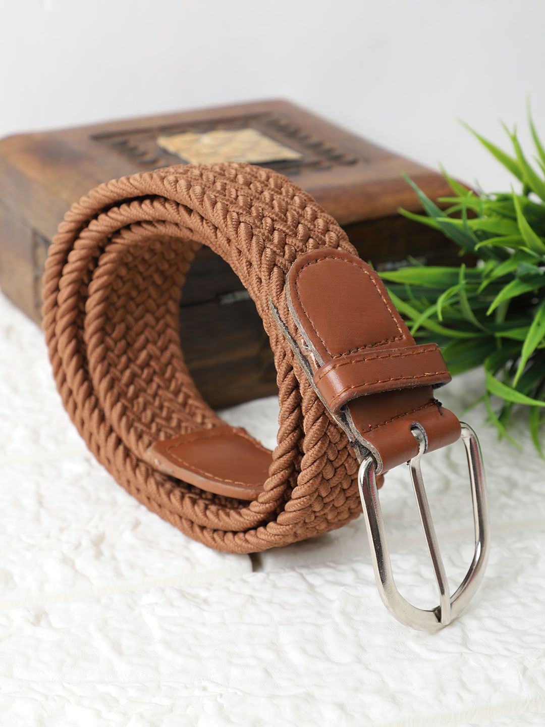 The Mini NEEDLE Unisex Tan Brown Braided Stretchable Canvas Belt Price in India