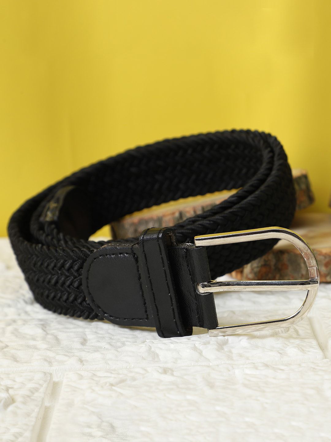 The Mini NEEDLE Unisex Black Braided Stretchable Canvas Belt Price in India