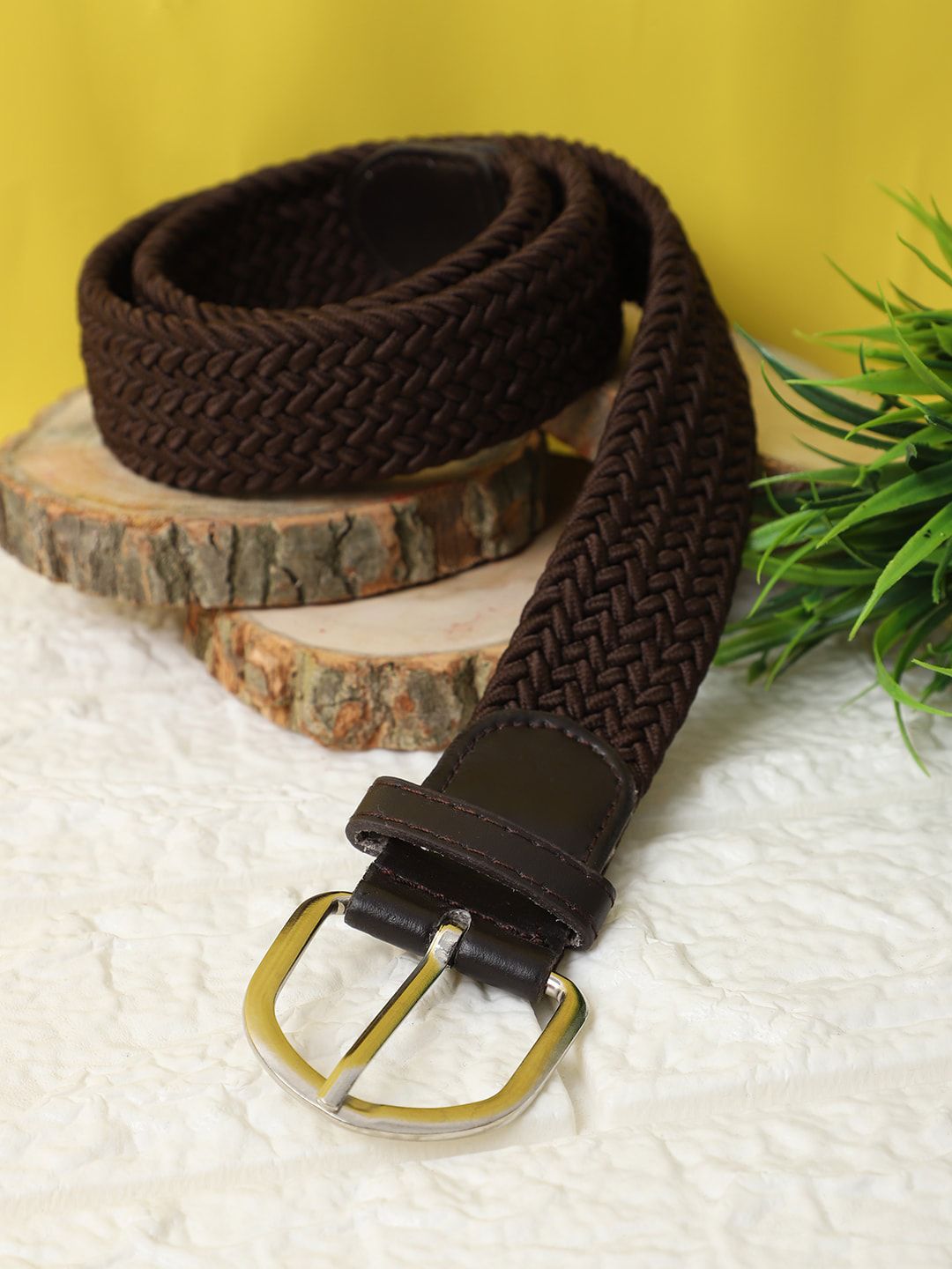 The Mini NEEDLE Unisex Brown Braided Stretchable Canvas Belt Price in India