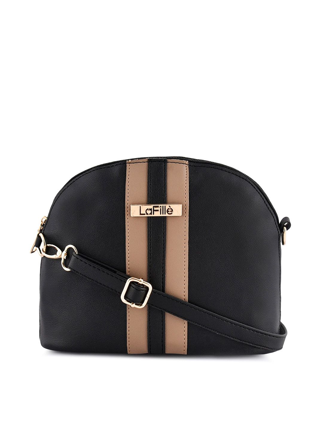 LaFille Women Black Striped PU Structured Sling Bag with Tasselled Price in India