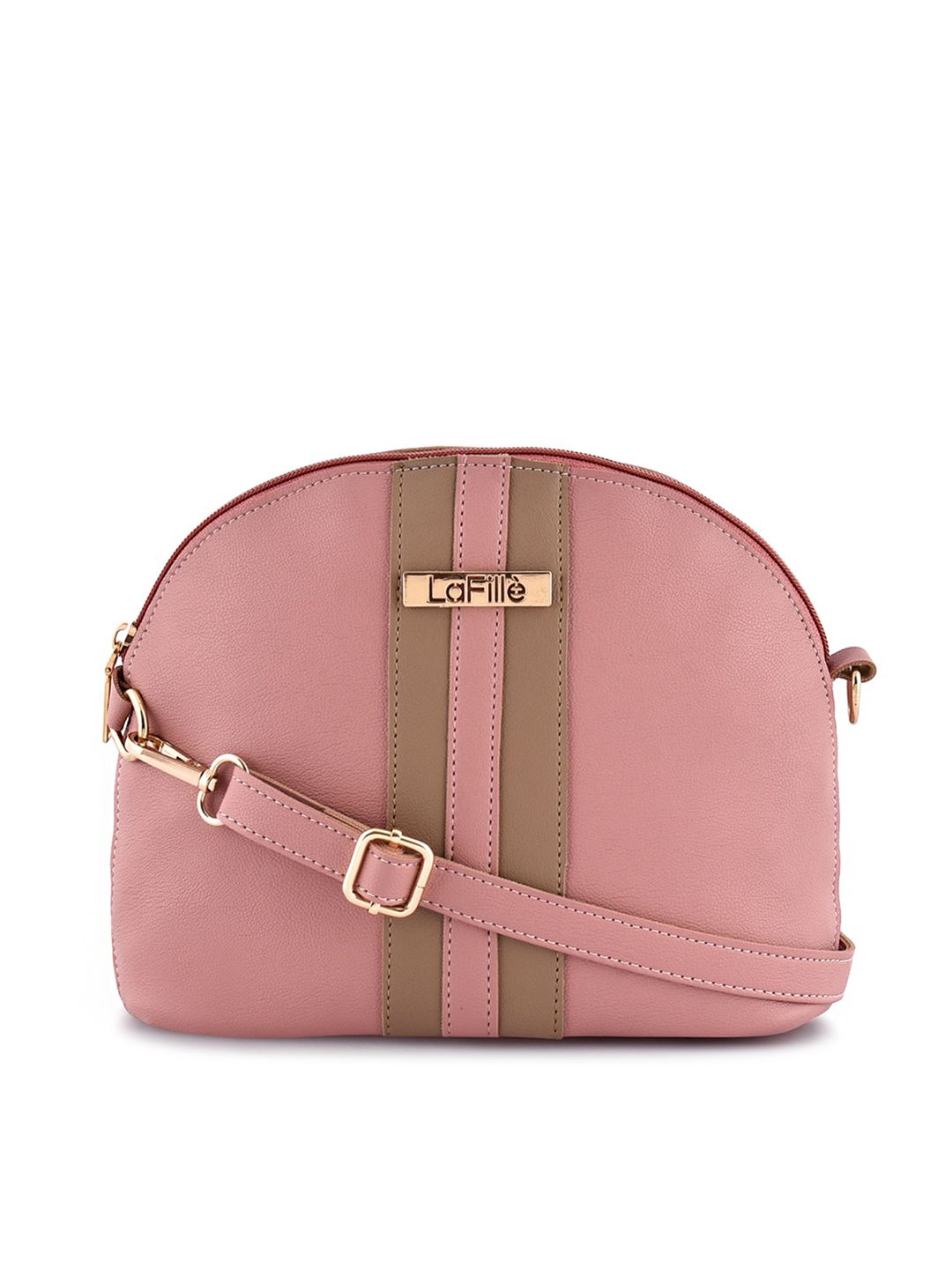 LaFille Peach-Coloured Striped PU Half Moon Sling Bag Price in India