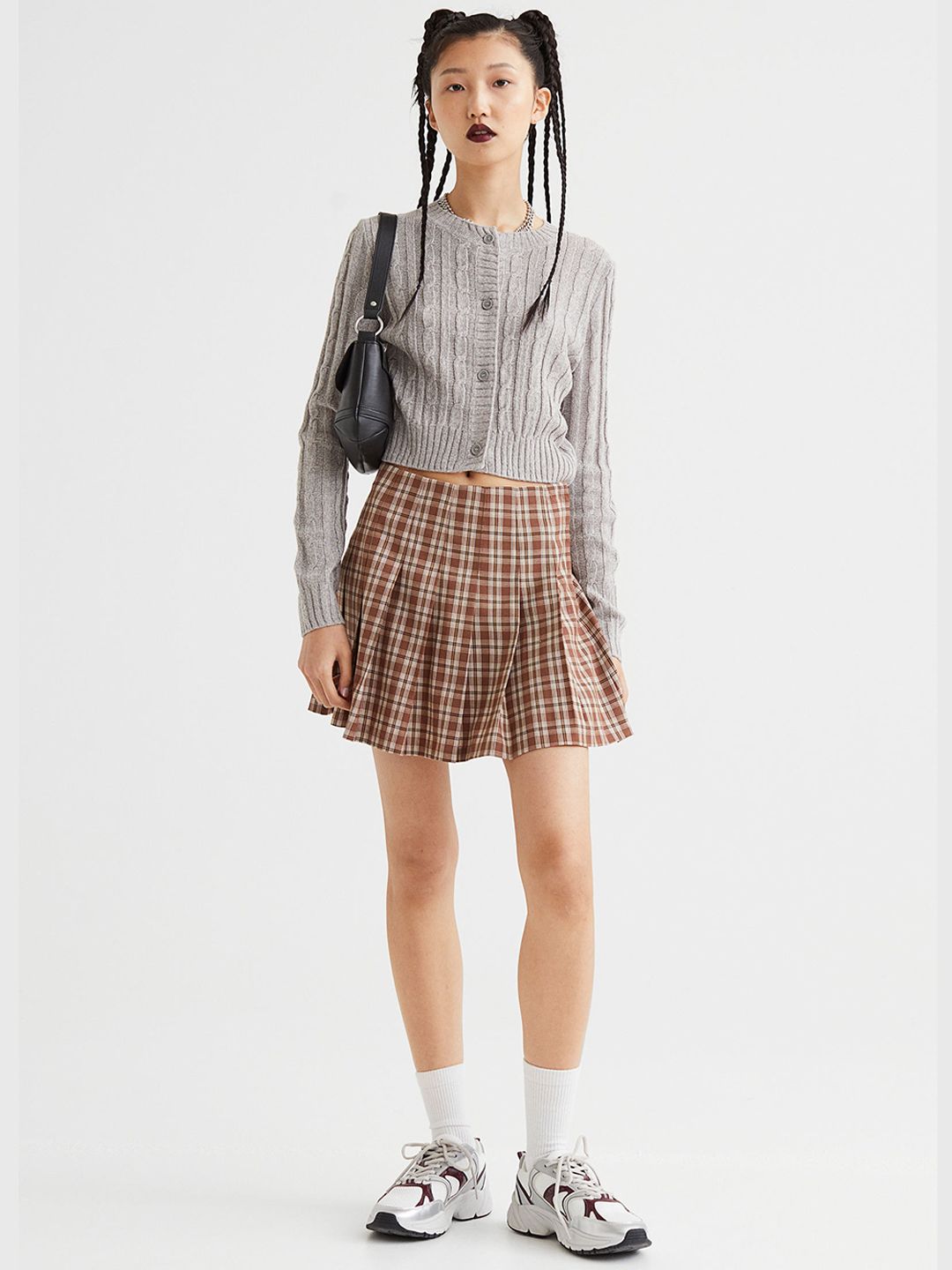 H&M Women Brown Checked Pleated Skirts