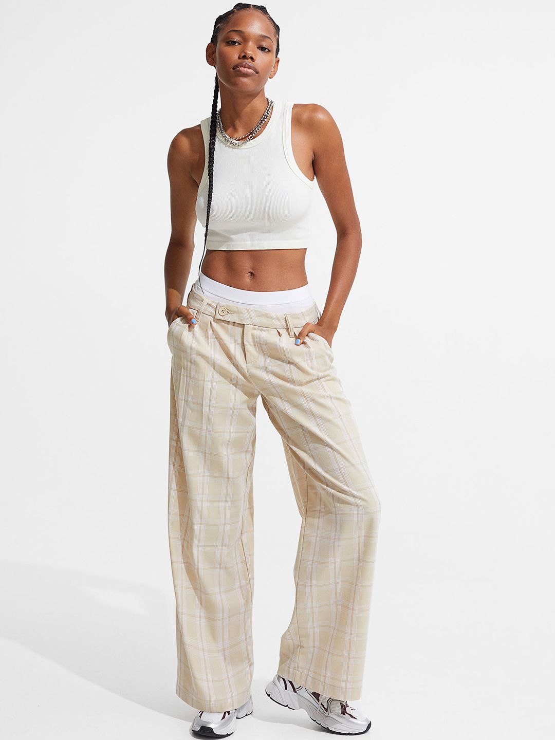 H&M Women Beige Tailored Twill Trousers Price in India