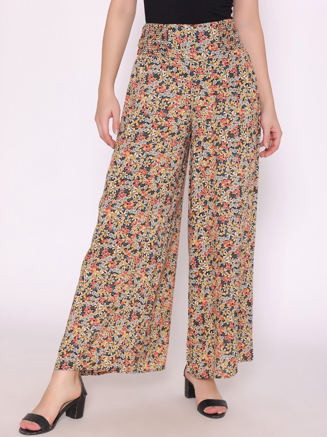 FLAWLESS Women Multicoloured Floral Printed Flared High-Rise Pleated Trousers Price in India