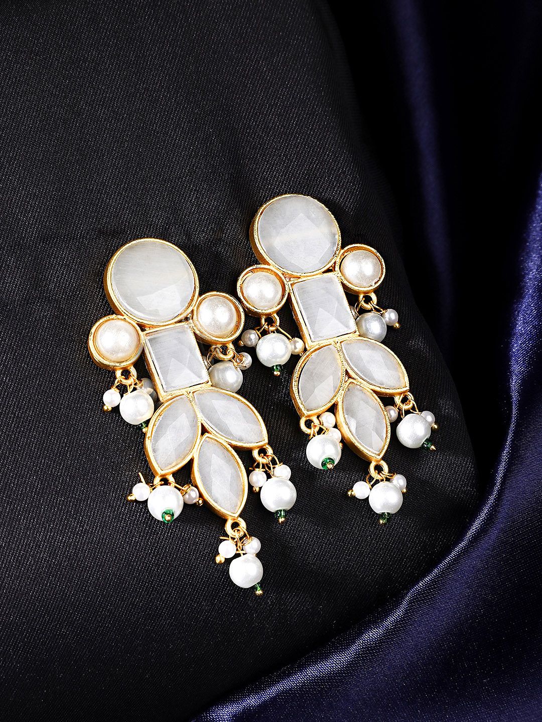 Yellow Chimes White & Gold-Plated Kundan Studded Contemporary Drop Earrings Price in India