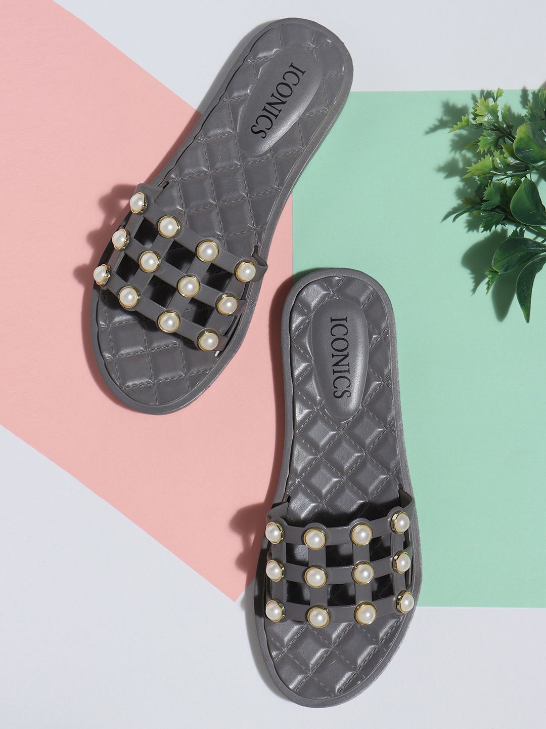 ICONICS Women Grey & White Sliders Price in India