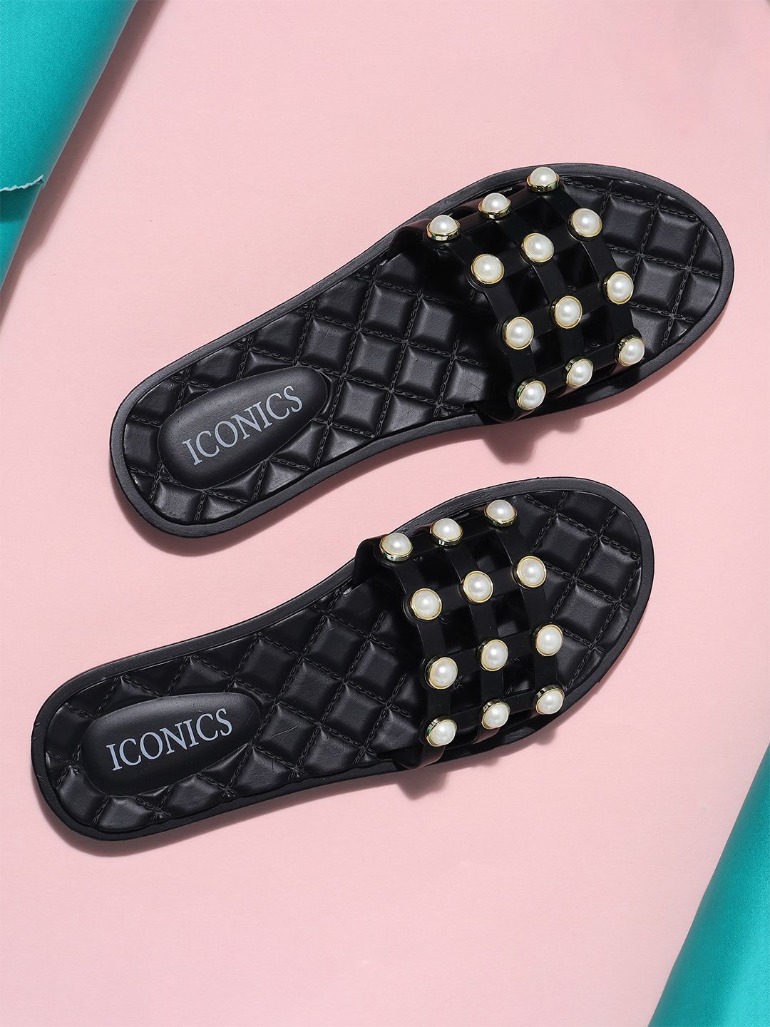 ICONICS Women Black & White Embellished Sliders Price in India