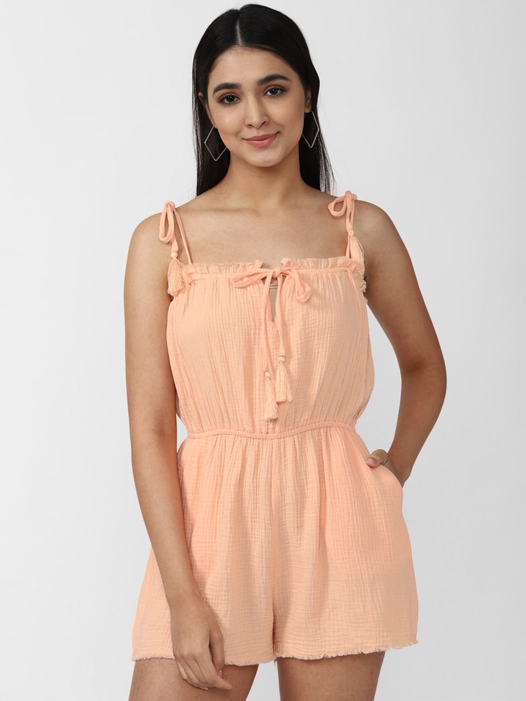 FOREVER 21 Peach-Coloured Tie-Up Detail Pure Cotton Jumpsuit Price in India