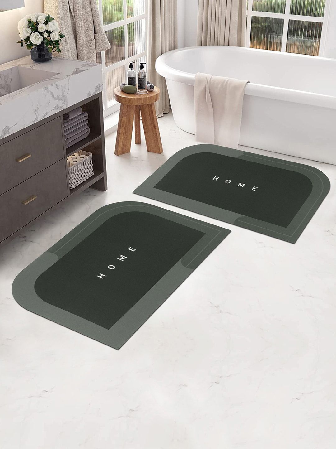 Story@home Pack of 2 Dark Green Solid Anti-Skid Quick Dry Bath & Kitchen Mats Offers & Cashback